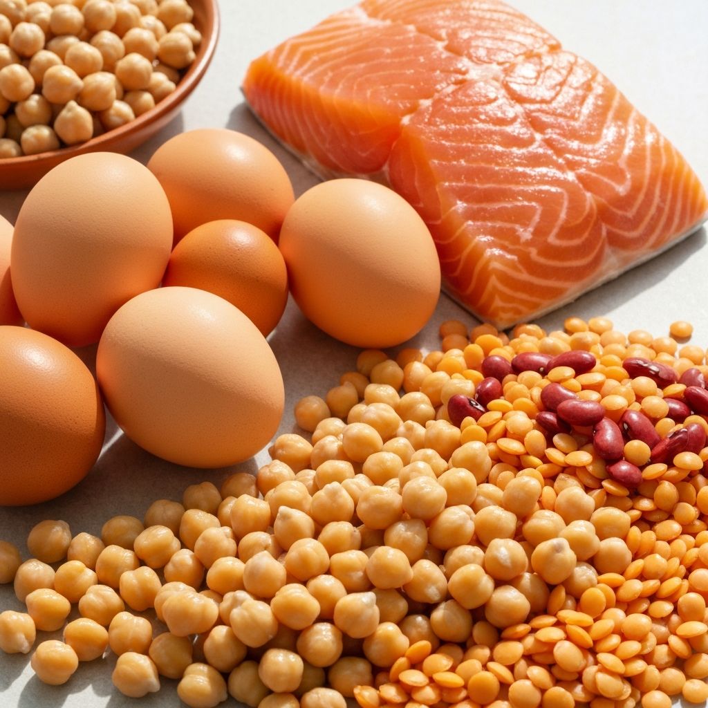 Protein-rich foods including salmon, eggs, and legumes